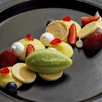 Dessert / ДесертЛимонова тарта с компресирани ягоди и мохито сорбеLemon tart with compressed strawberries with mojito sorbet