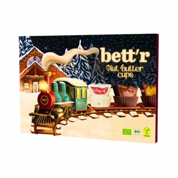 Био Коледен адвент календар с пралини 24 броя бонбони с 6 вкуса с кремообразен и топящ се център (три от които изцяло нови): лешник, ягода, фъстък, малина, шамфъстък, бадем с канела. Създадени изцяло от натурални съставки, веган и без консерванти или изкуствени подобрители.От тук