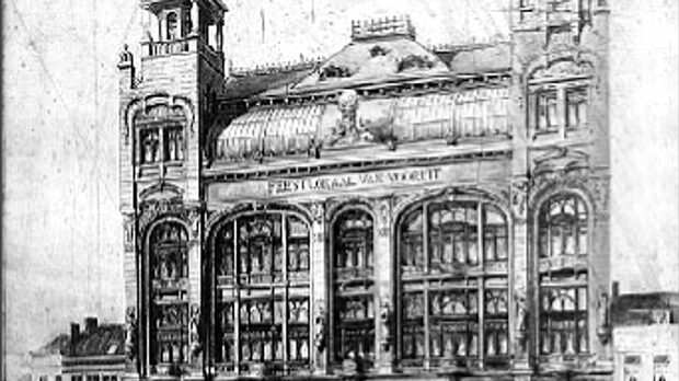 Сградата за празненства, една от най-представителните в Гент, е строена да представи работническото движение като престижно и централна сила в града - каквото то е било. Рисунката е на архитекта Фердинанд Диркенс, декември 1911. copyright: AMSAB